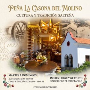 Peña La Casona del Molino en Salta Capital con músicos folclóricos, guitarreadas y público disfrutando de una noche tradicional salteña.