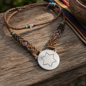 Collar Artesanal De Cuero Trenzado Con Dije De Plata
